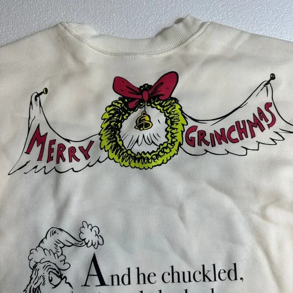 Dr Seuss The Grinch Christmas Sweatshirt Cream Graphic Pullover Mens Small 4-6 - Picture 7 of 8